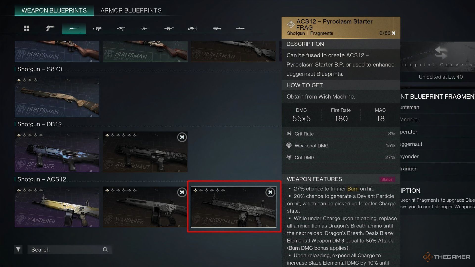 Showcasing ACS12 Pyroclasm's Weapon Blueprint in Once Human.