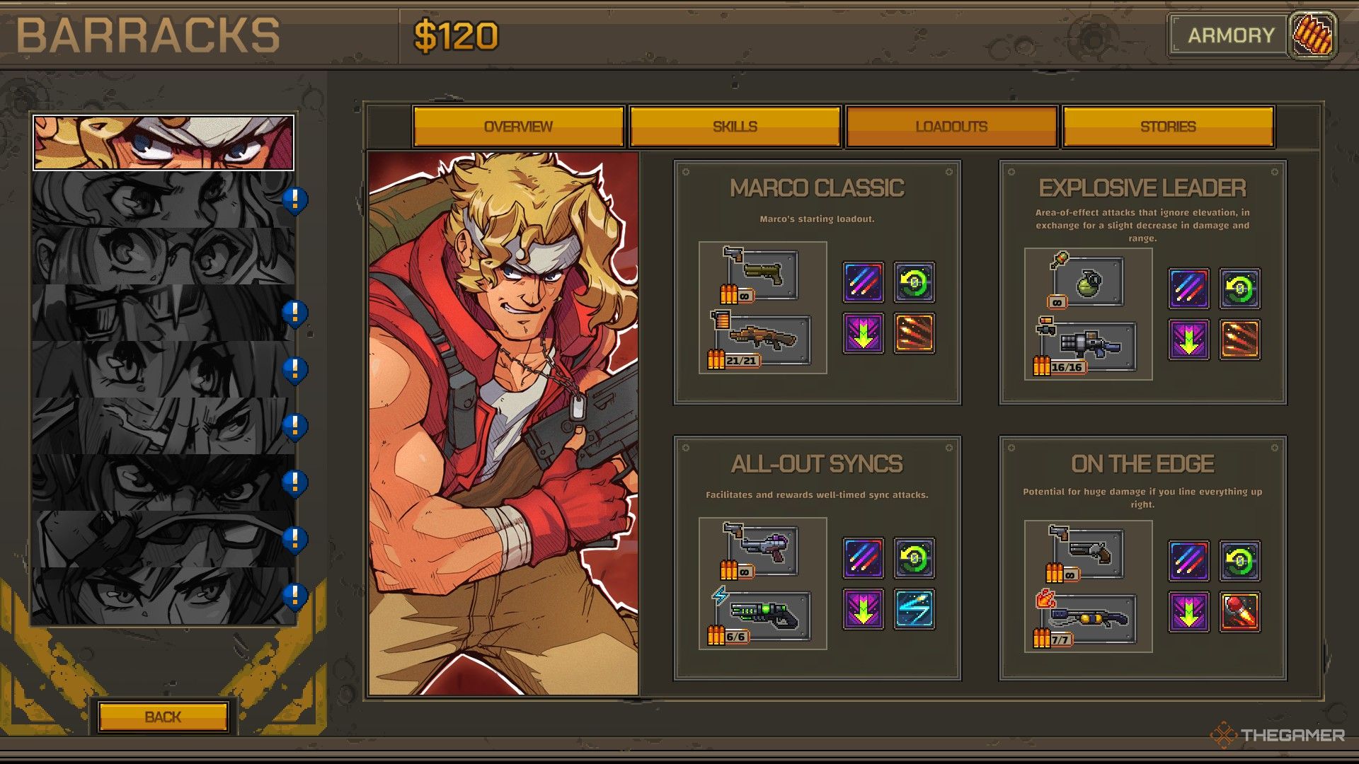 Marco's loadout screen in Metal Slug Tactics.