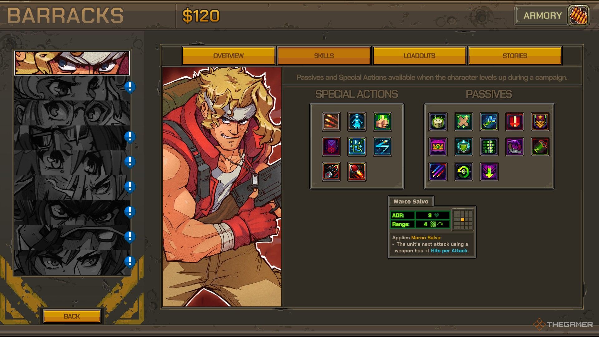 marco's skill screen with marco salvo highlighted in metal slug tactics.