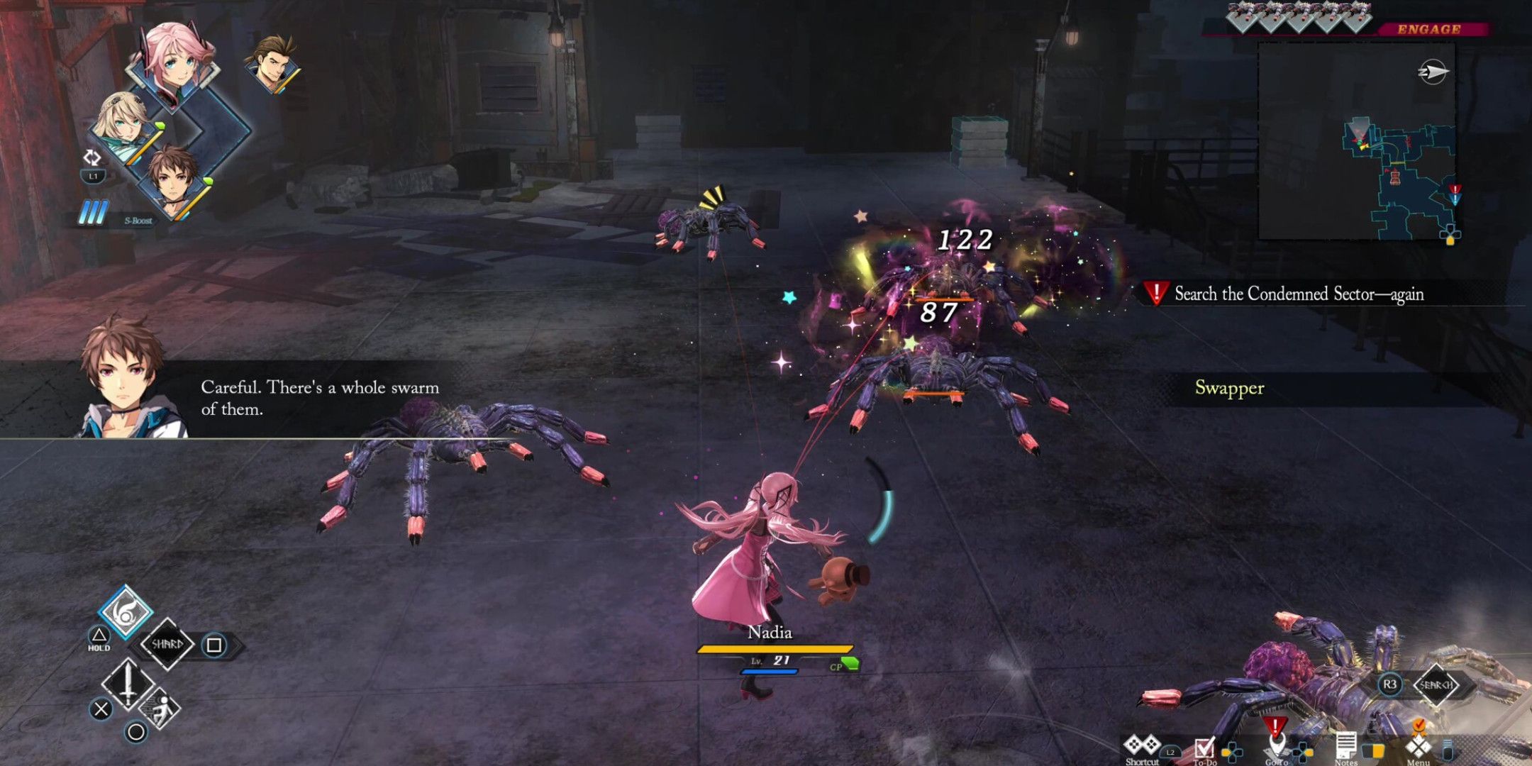 A girl with pink hair fighting a group of large spider monsters