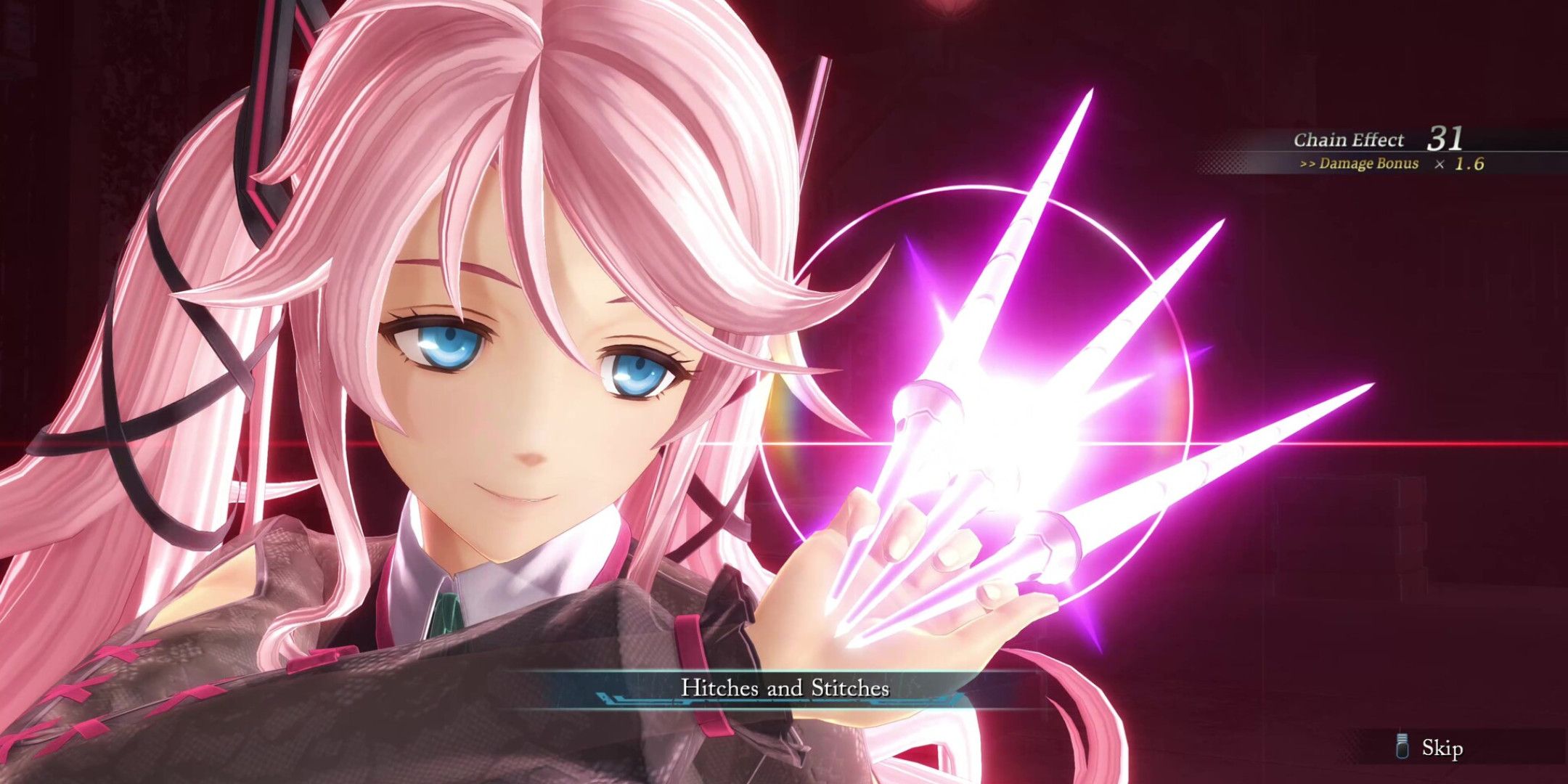 A girl with pink hair and knives inbetween her fingers