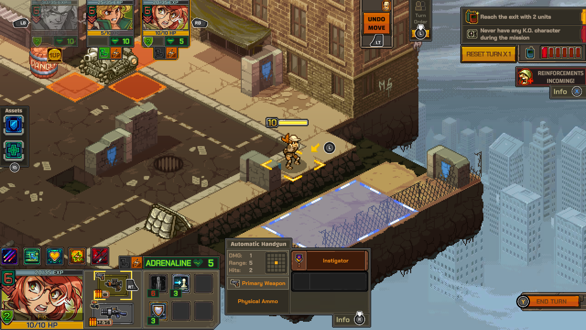 Fio is exploring a street environment in Metal Slug Tactics