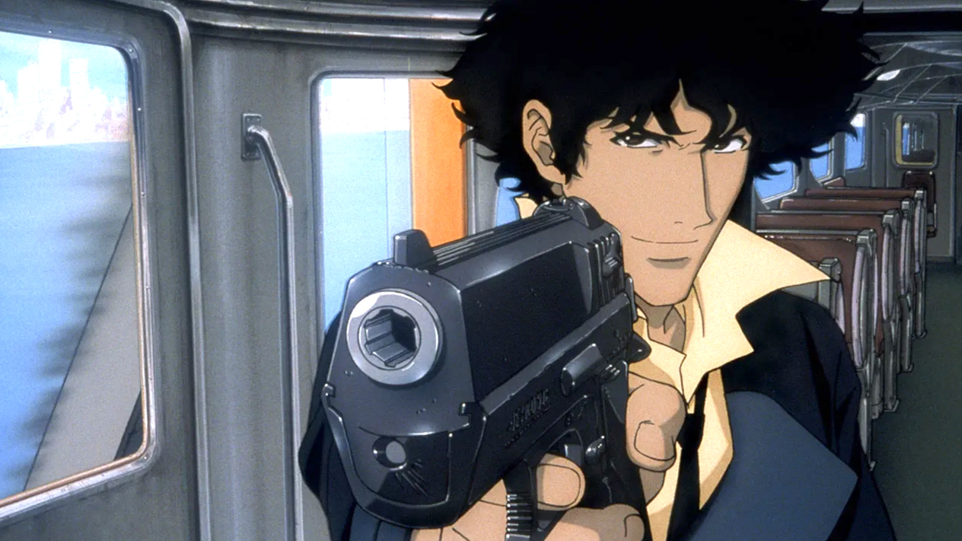 Spike holding up a gun during the hit anime, Cowboy Bebop.