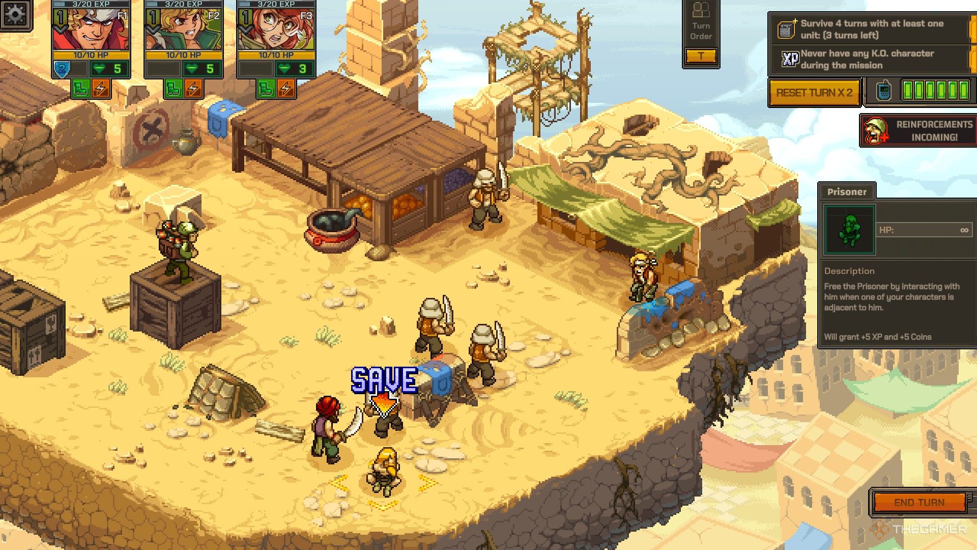 A gameplay screenshot of the level in a desert focusing on the prisoner surrounded by enemy soldiers.