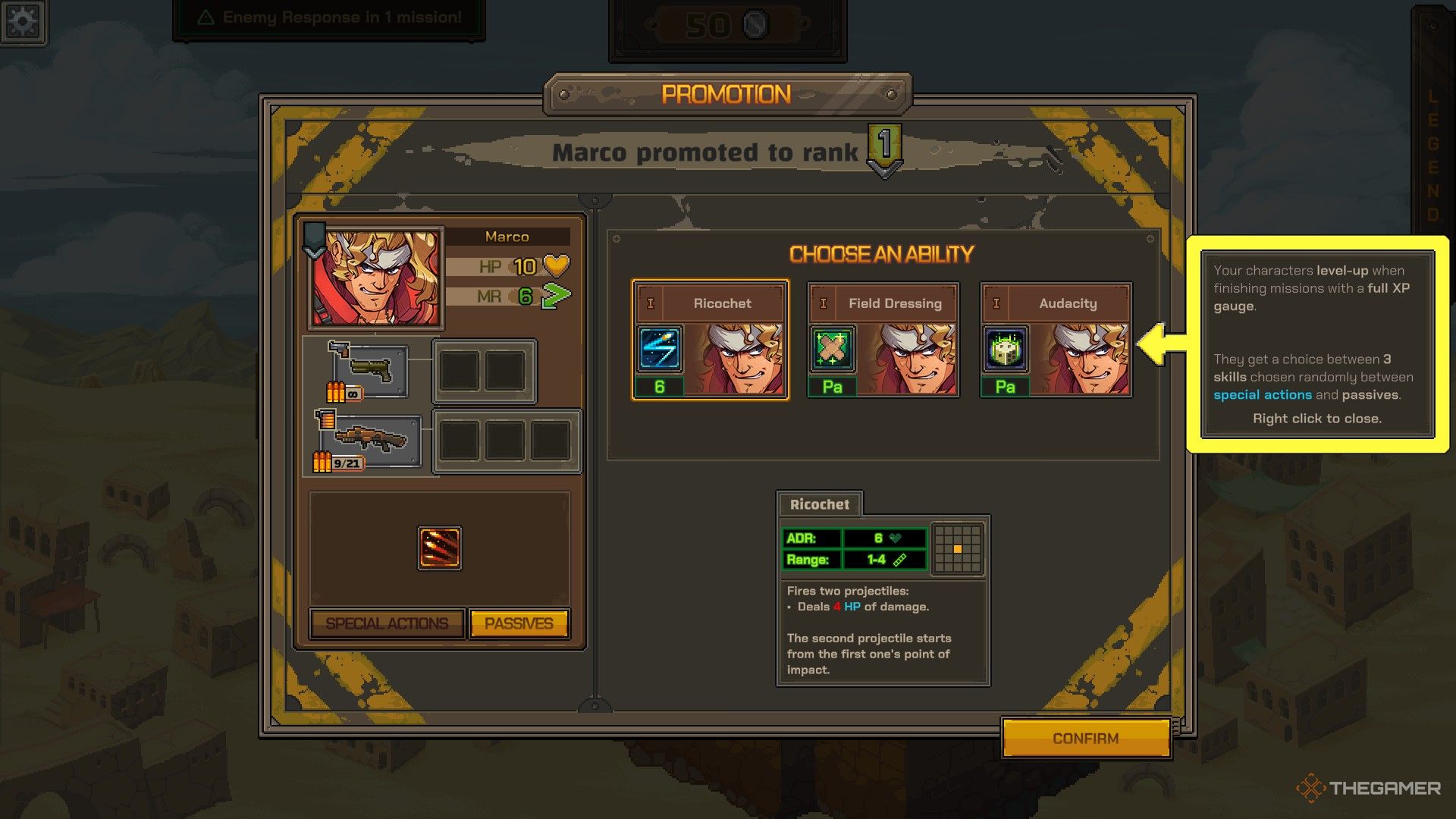 A Promotion window showing three random abilities you can get for Marco after leveling up the character.