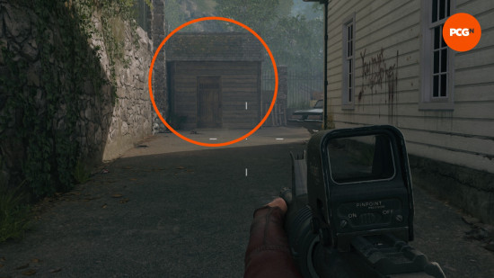 A large orange circle highlights the toolshed in the Black Ops 6 Zombies Liberty Falls main quest.