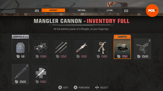 The crafting menu in Black Ops 6 Zombies, showing the option to buy the Mangler Cannon, needed for the Liberty Falls main quest.