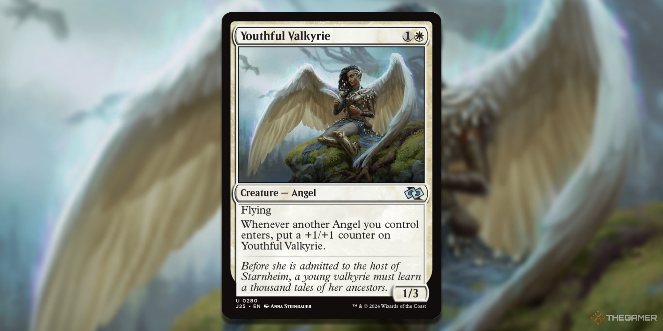 MTG Youthful Valkyrie card with the art in the background.