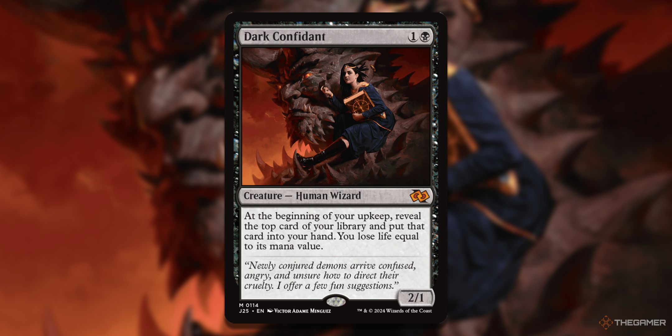 MTG Dark Confidant card with the art in the background.