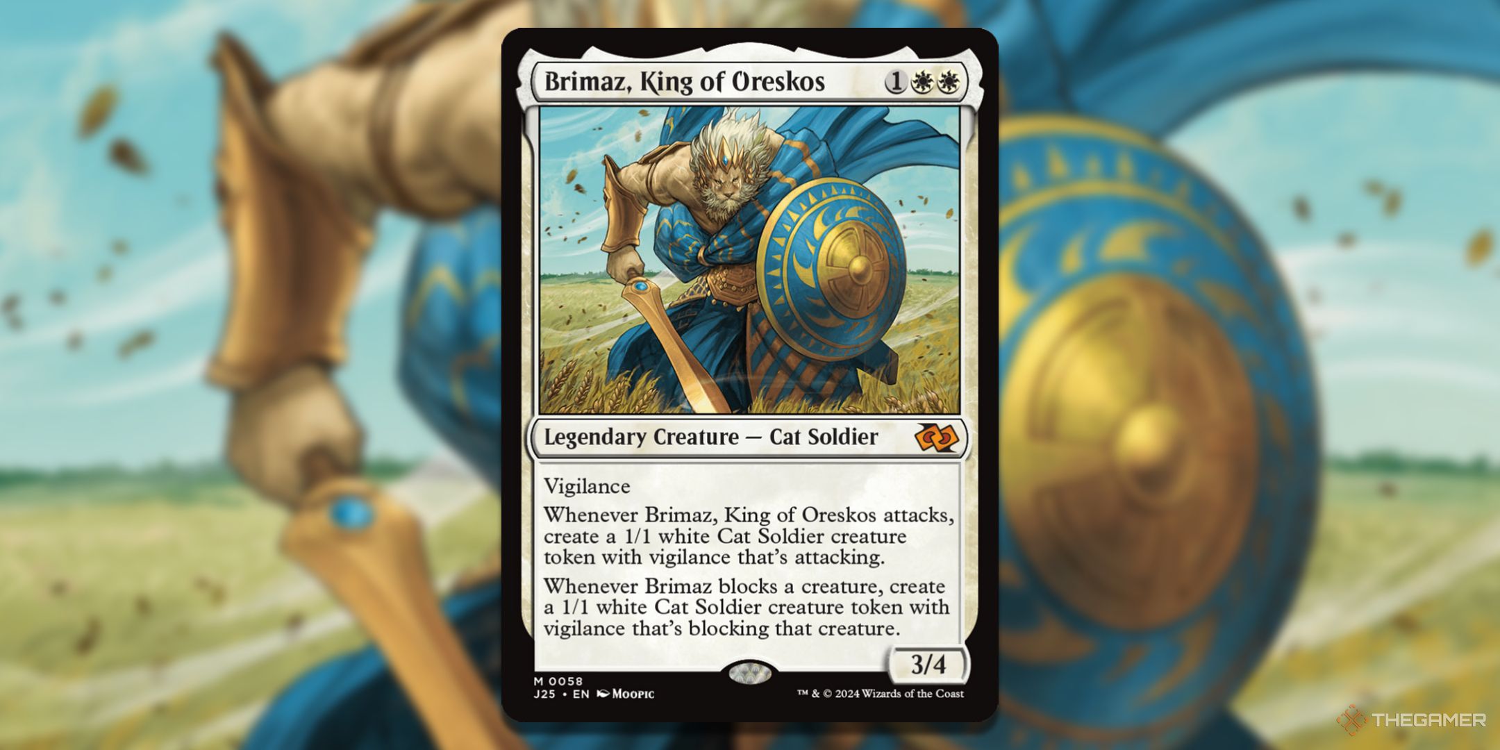 MTG Brimaz, King of Oreskos card with the art in the background.