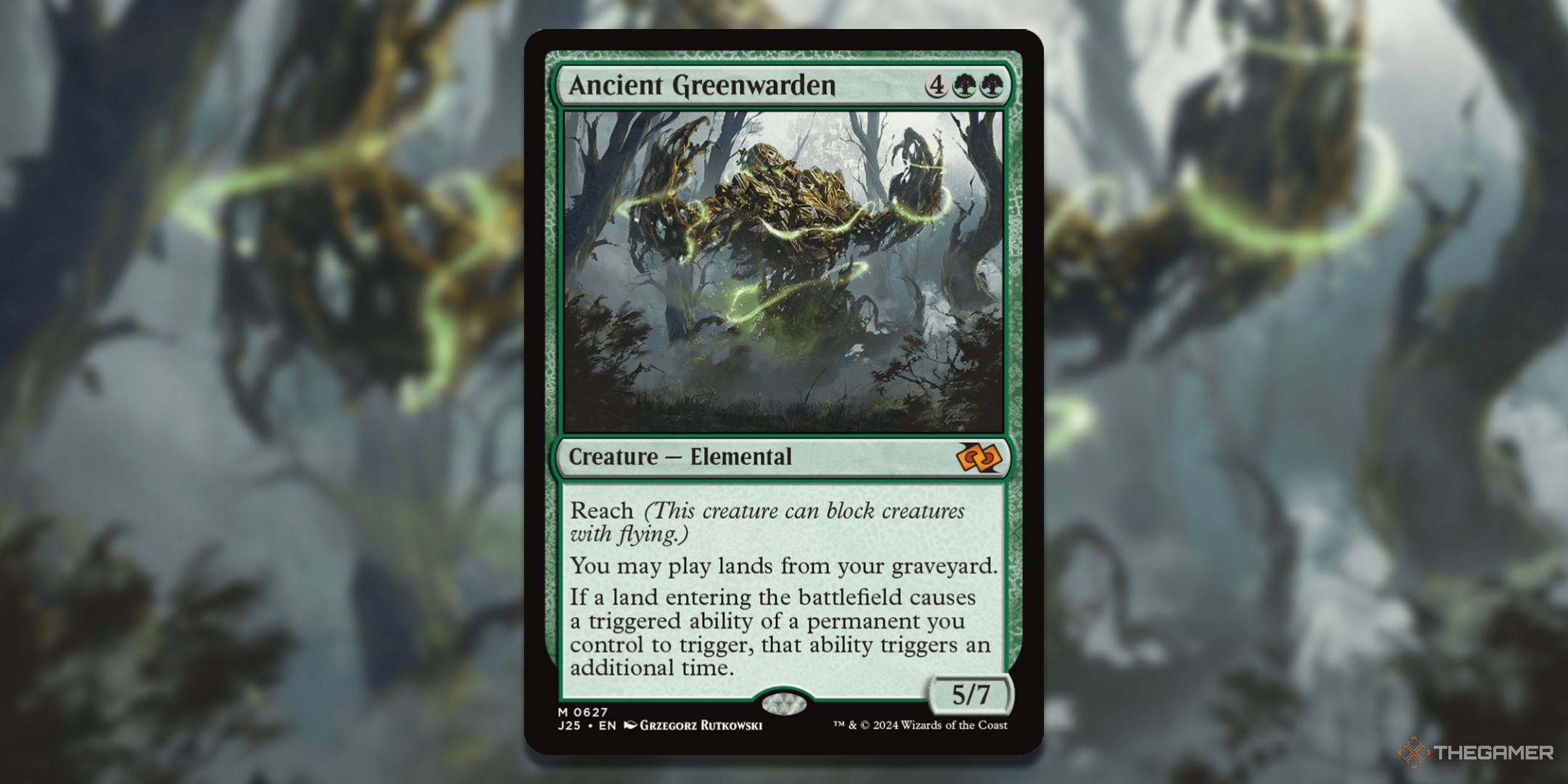 MTG Ancient Greenwarden card with the art in the background.