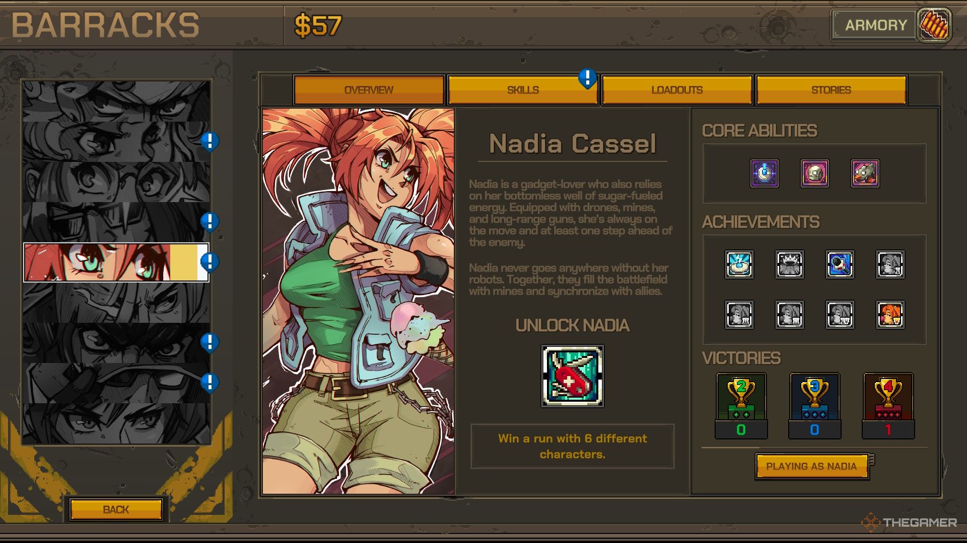 nadia's character overview page in metal slug tactics.