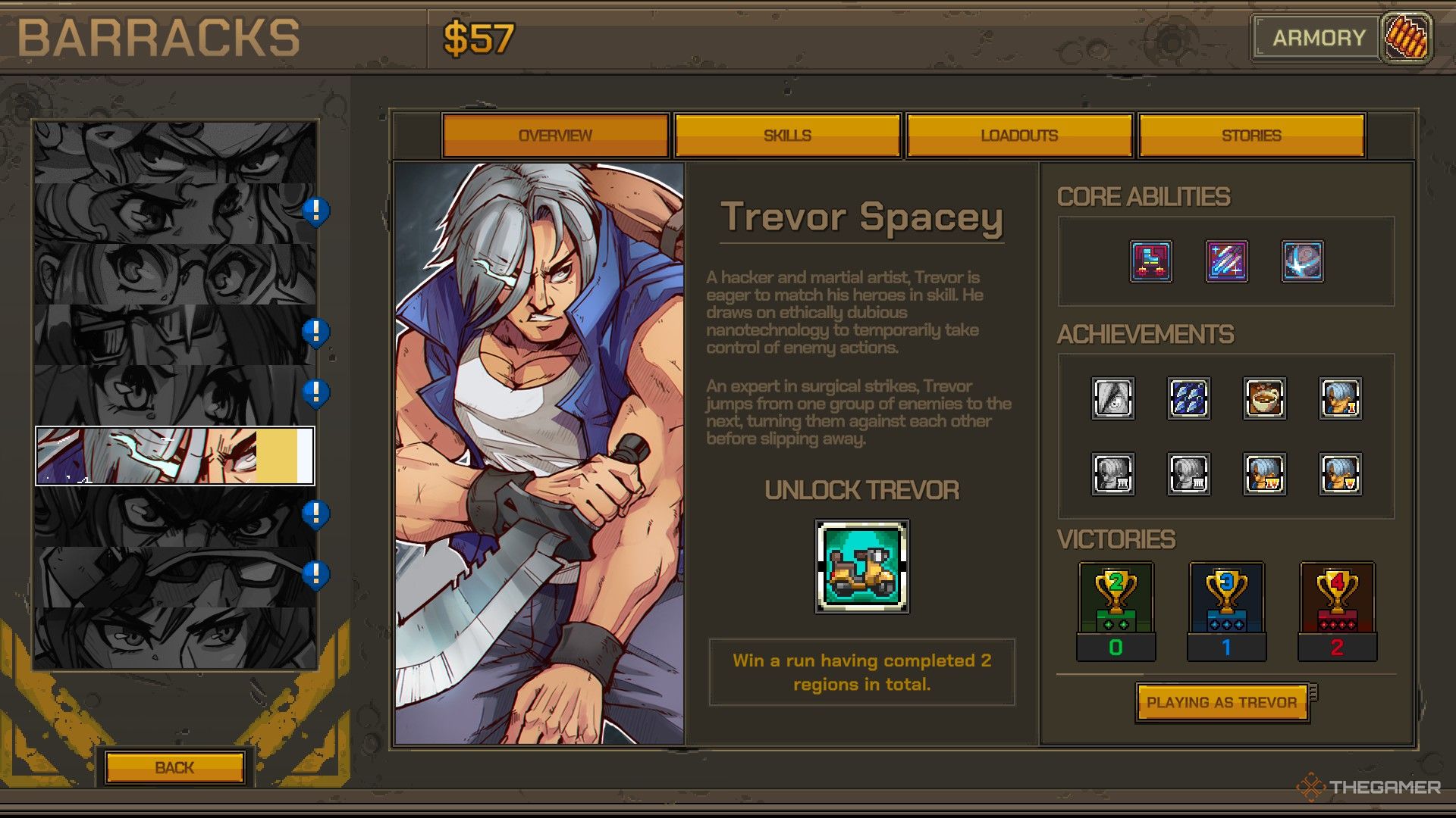 trevor spacey's character overview in metal slug tactics.