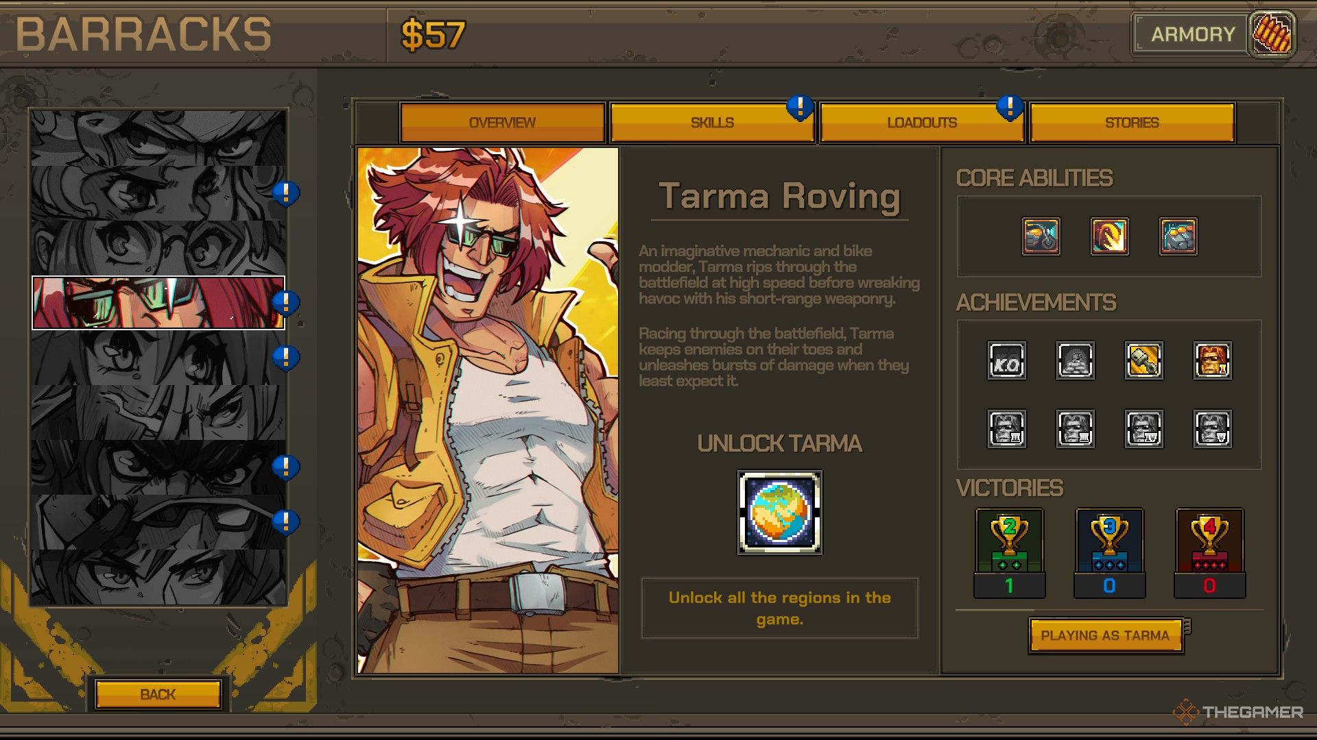 tarma's character overview page in metal slug tactics.