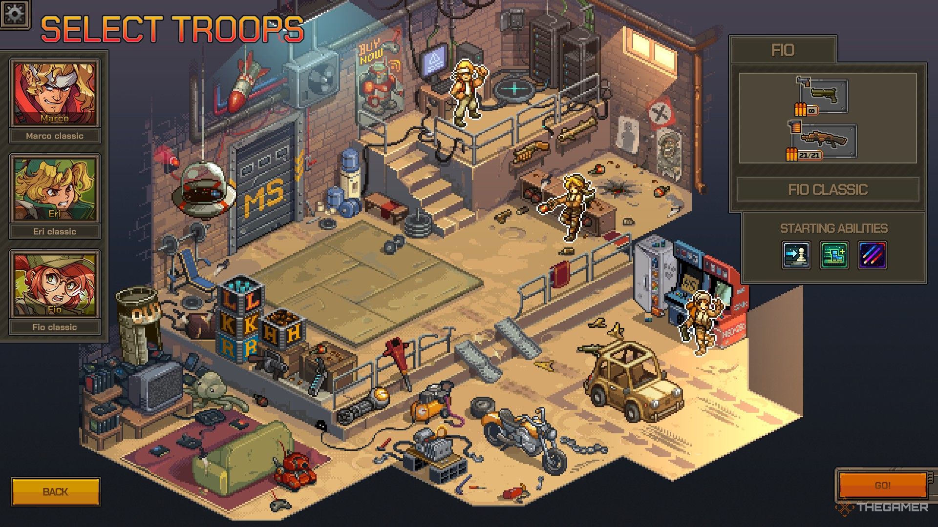 A screenshot of the starting HQ, with the three characters you can use from the beginning.