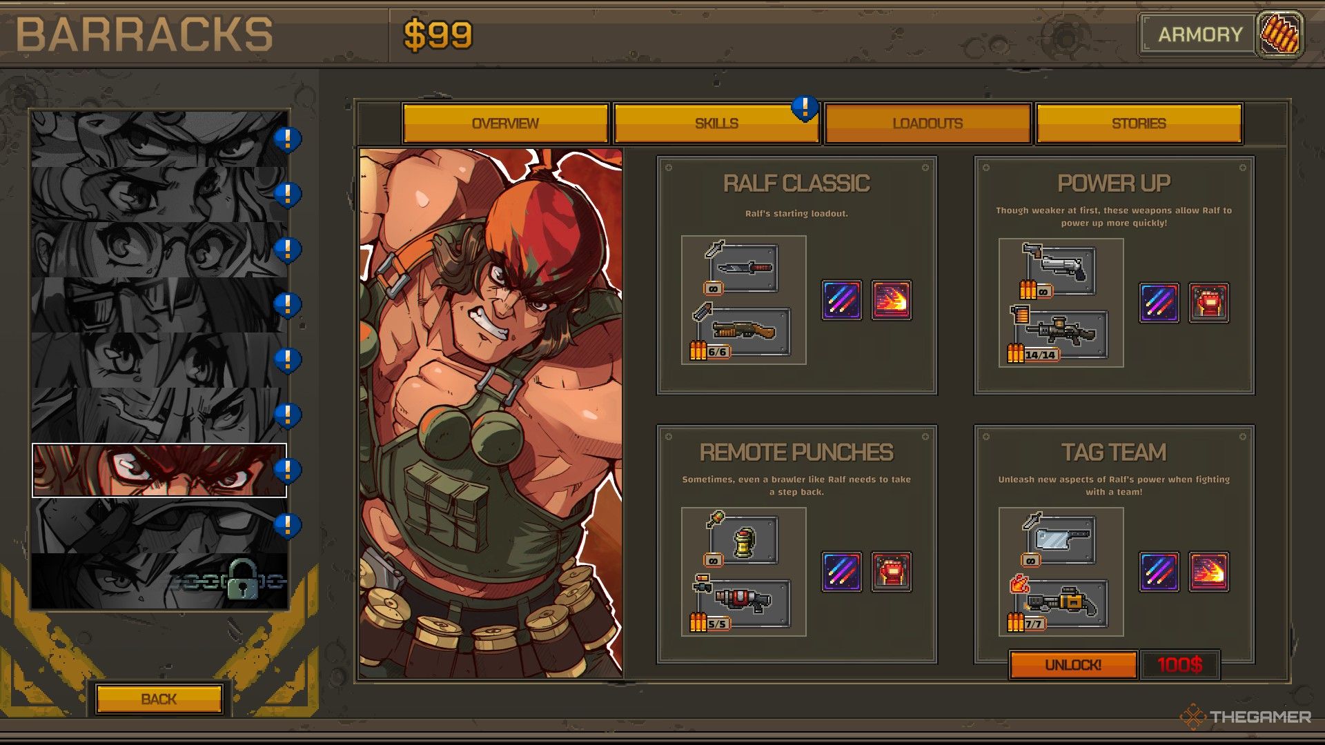 Ralf's Loadouts screen in the Barracks section of your HQ.