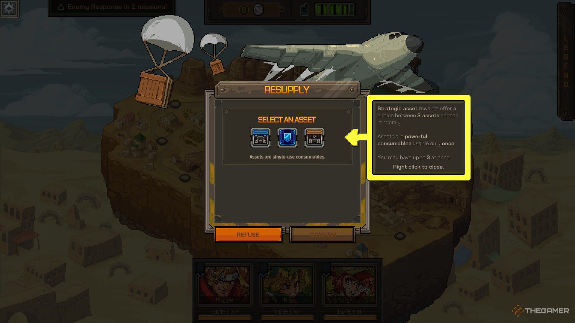 A tutorial window with the Resupply window, explaining how Assets work.