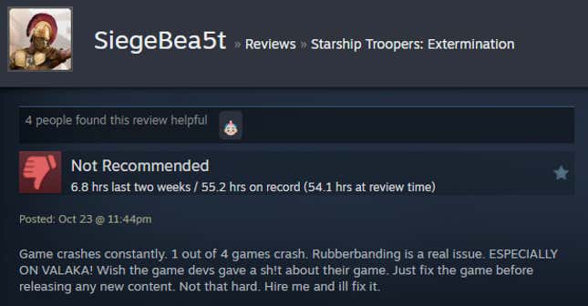 Image for article titled Starship Troopers: Extermination, As Told By Steam Reviews