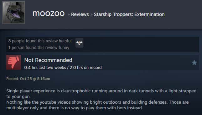 Image for article titled Starship Troopers: Extermination, As Told By Steam Reviews