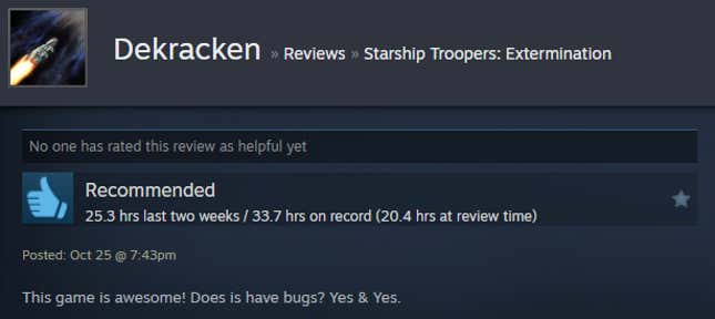 Image for article titled Starship Troopers: Extermination, As Told By Steam Reviews