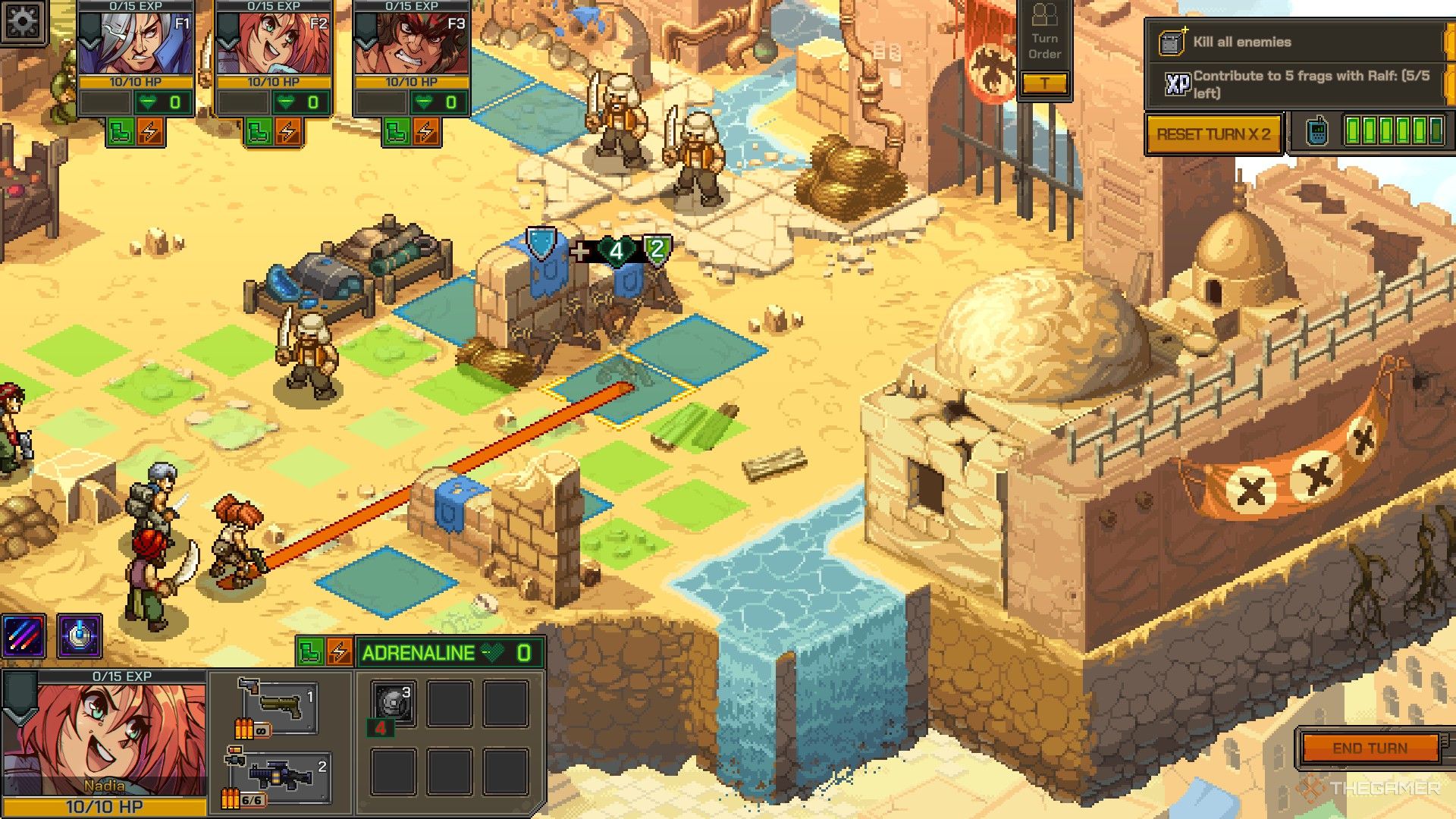 A gameplay screenshot showing Nadia moving to a big wall to use as cover and the defensive values she will gain.