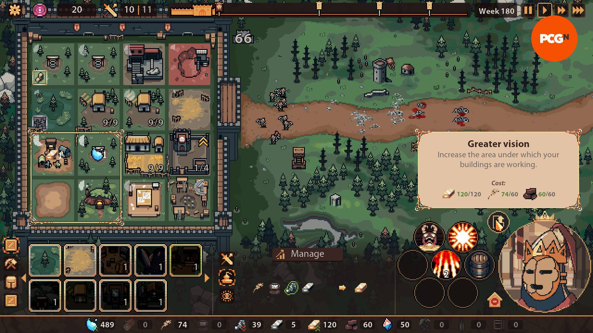 The King is Watching demo - A screenshot of the player upgrading their vision radius in the roguelike strategy game.