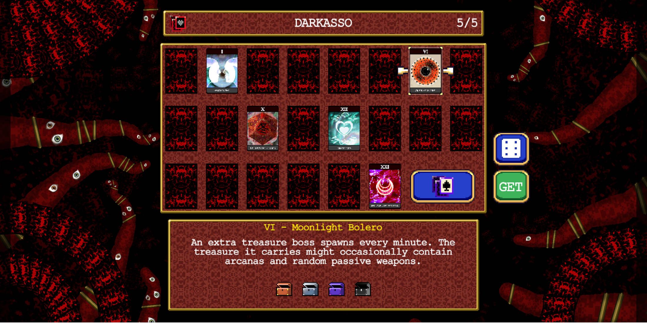 Vampire Survivors Ode to Castlevania Weapon Evolutions: the Darkasso with the Moonlight Bolero option selected.