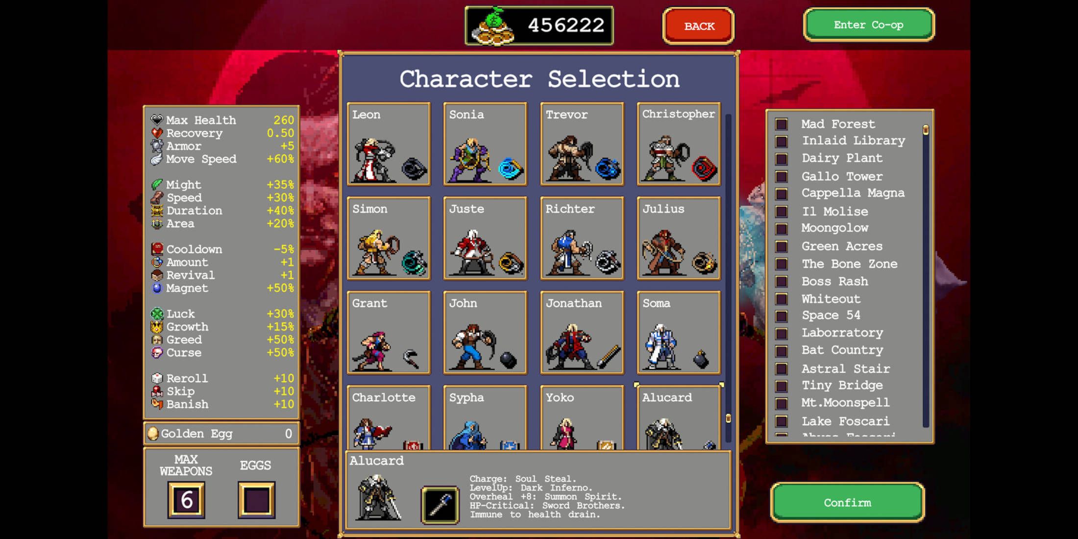 Vampire Survivors Ode to Castlevania characters unlock: the main Castlevania characters in a list.