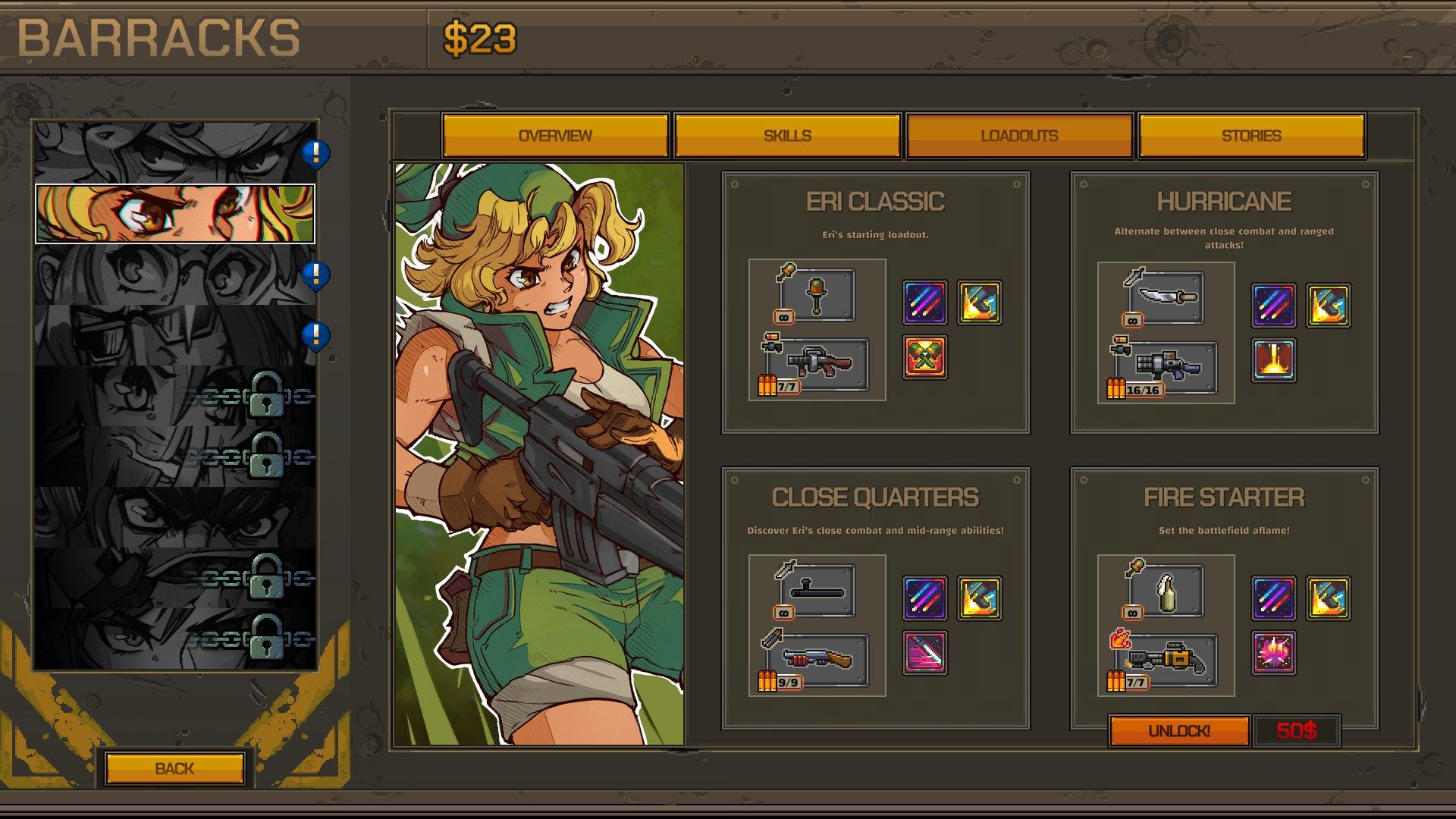 Eri Kasamoto's loadout screen in Metal Slug Tactics.