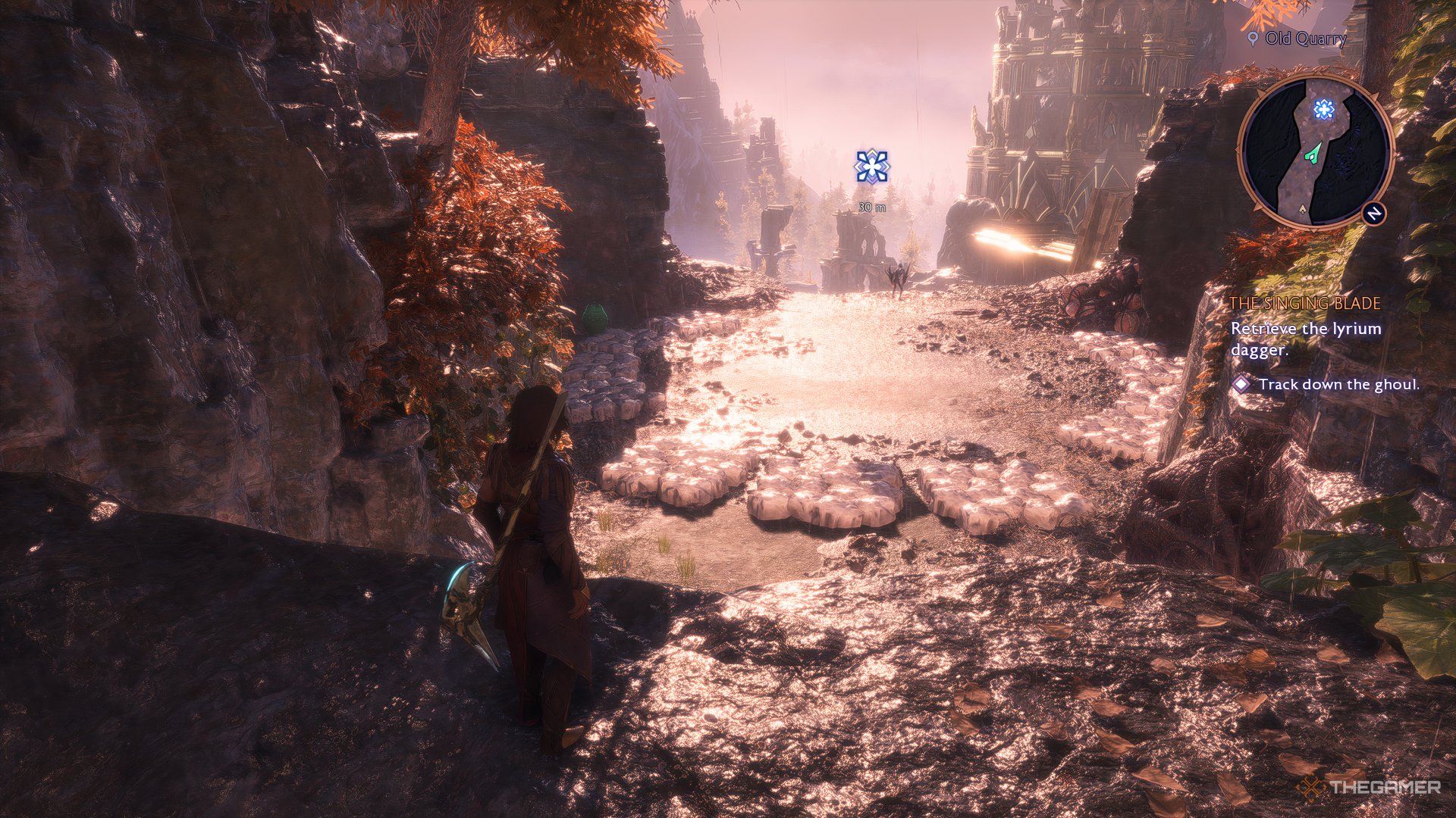 Rook staring at the Lycium Ghoul in the distance in Dragon Age: The Veilguard.