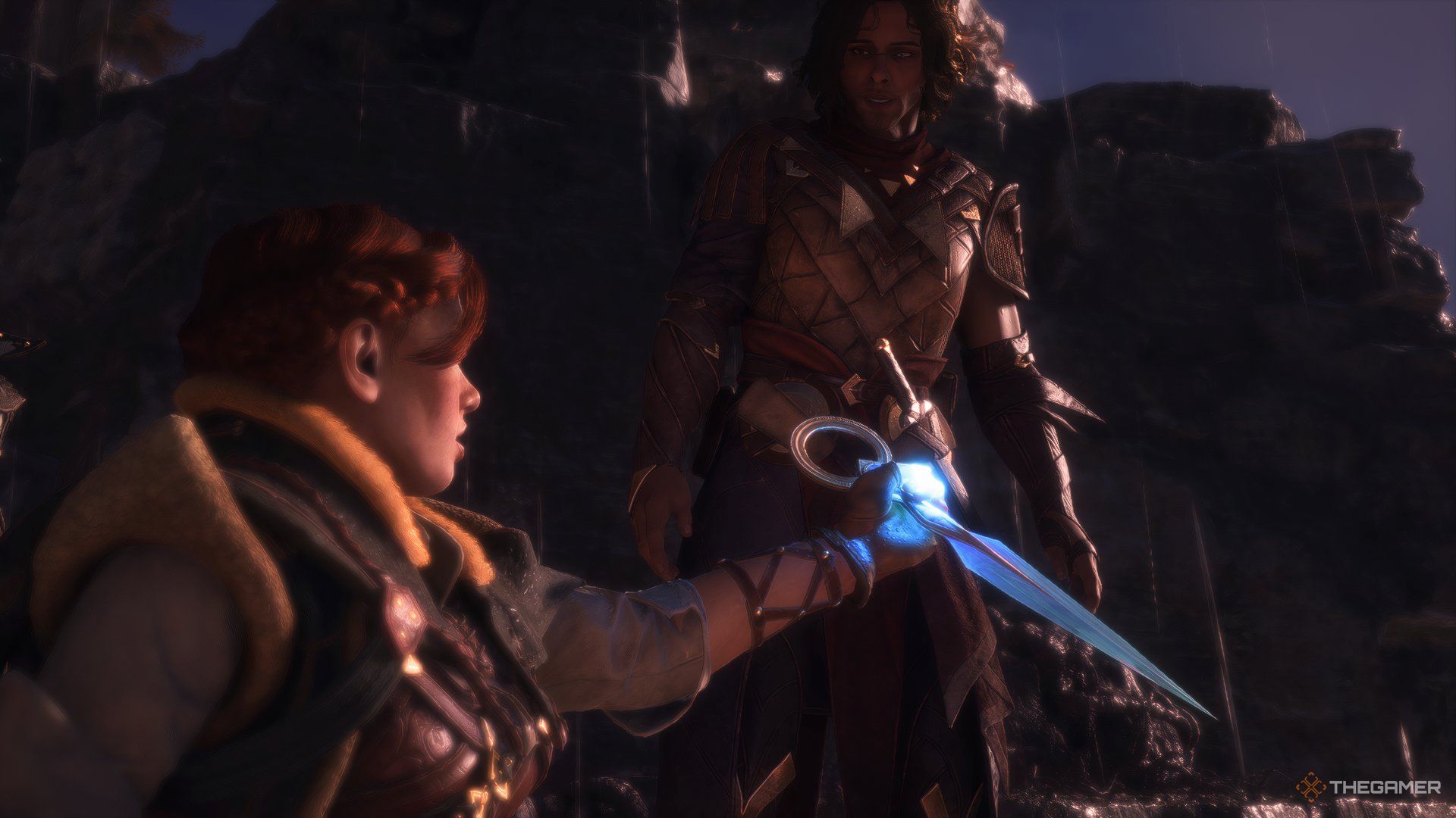 Harding grabs the Lyrium Dagger while Rook stares at her in Dragon Age: The Veilguard.