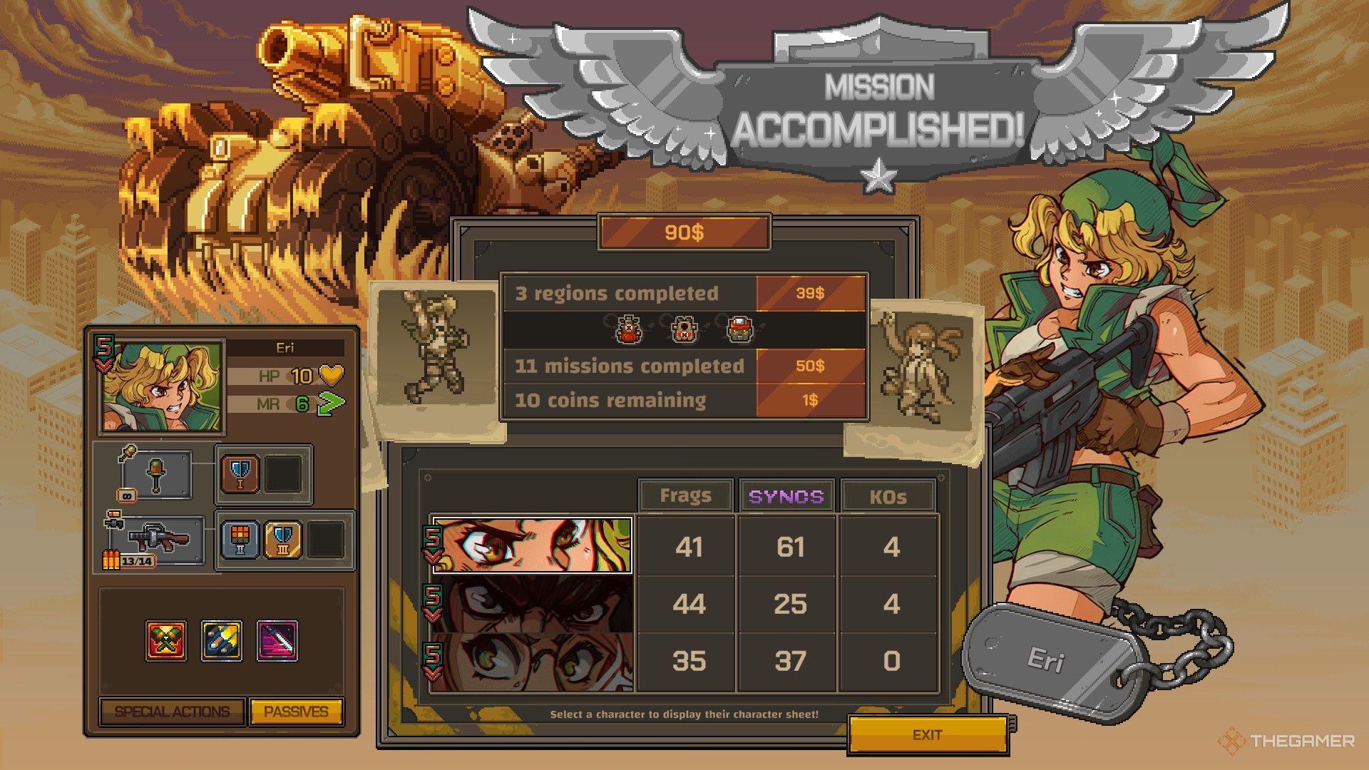 the victory screen with Eri's classic loadout in Metal Slug Tactics.