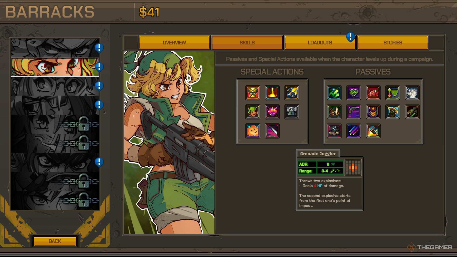 Eri's skill screen with Grenade Juggler highlighted in Metal Slug Tactics.