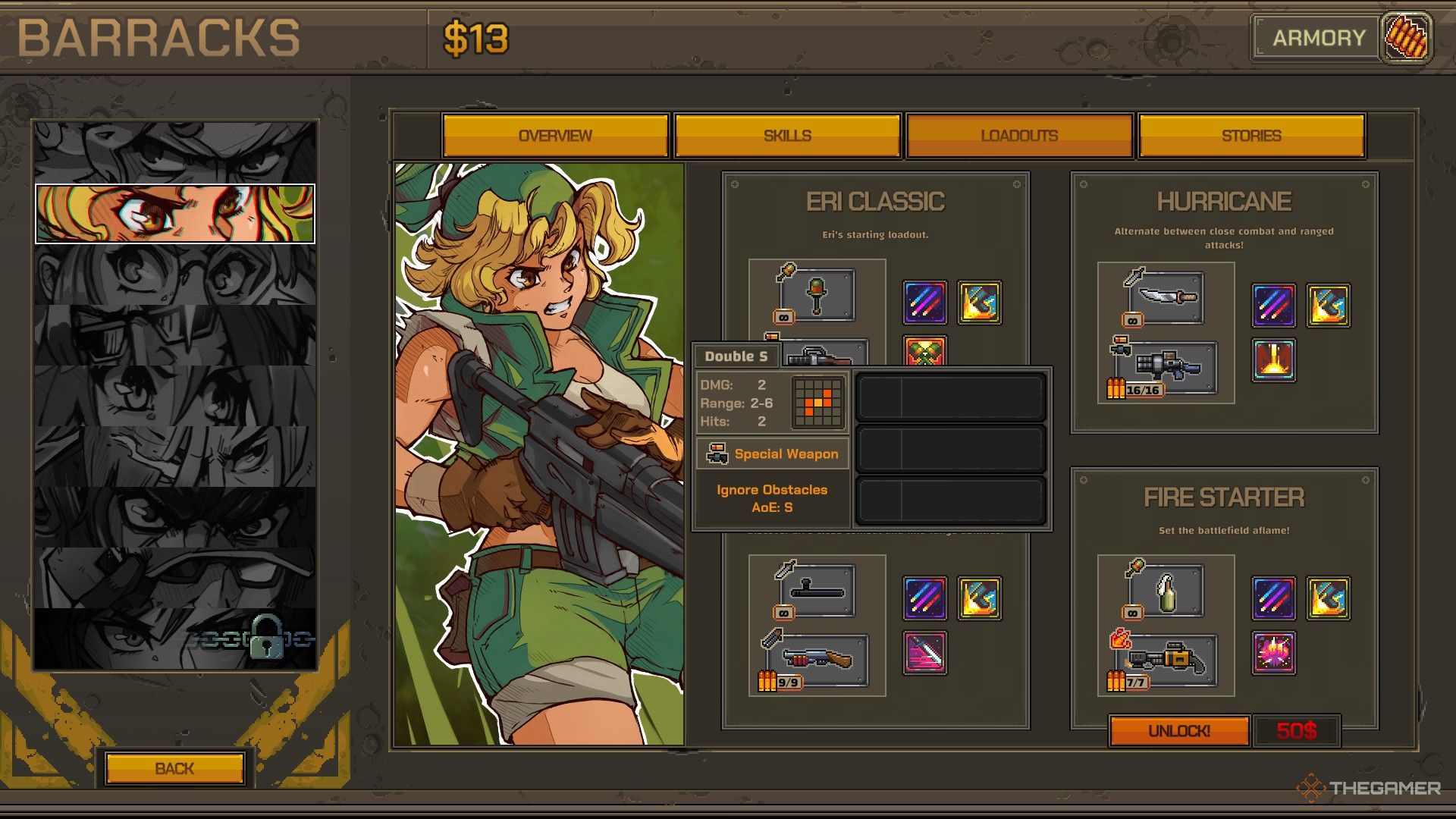 Eri's loadout screen with the Hurricane Double-S Launcher highlighted in Metal Slug Tactics.