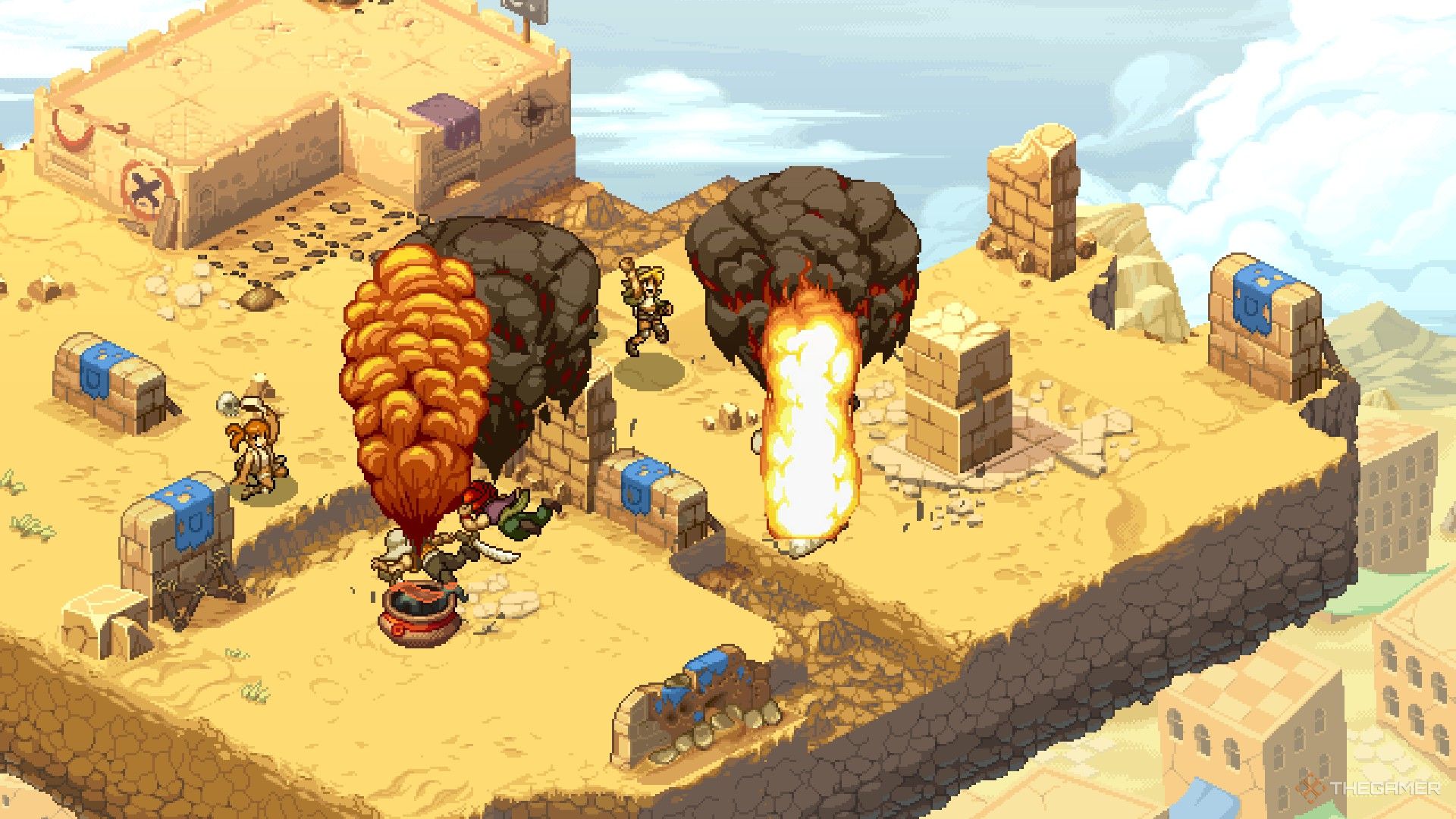 Eri and Fio cheer as World Government bombers clear Rebels from the area in Metal Slug Tactics.