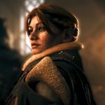 Dragon Age: The Veilguard reveal trailer screenshot showing Lace Harding, a dwarven woman with long red hair and a freckled face