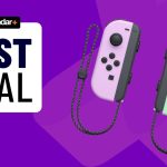 Image of the pastel colored Nintendo Joy-Cons on a purple patterned GamesRadar+ background.