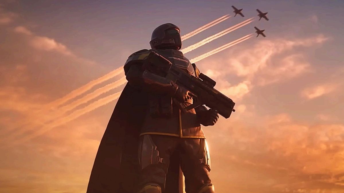 Helldivers 2 screenshot showing a fully geared/armored diver standing with gun in hand as three jets soar the skies behind him