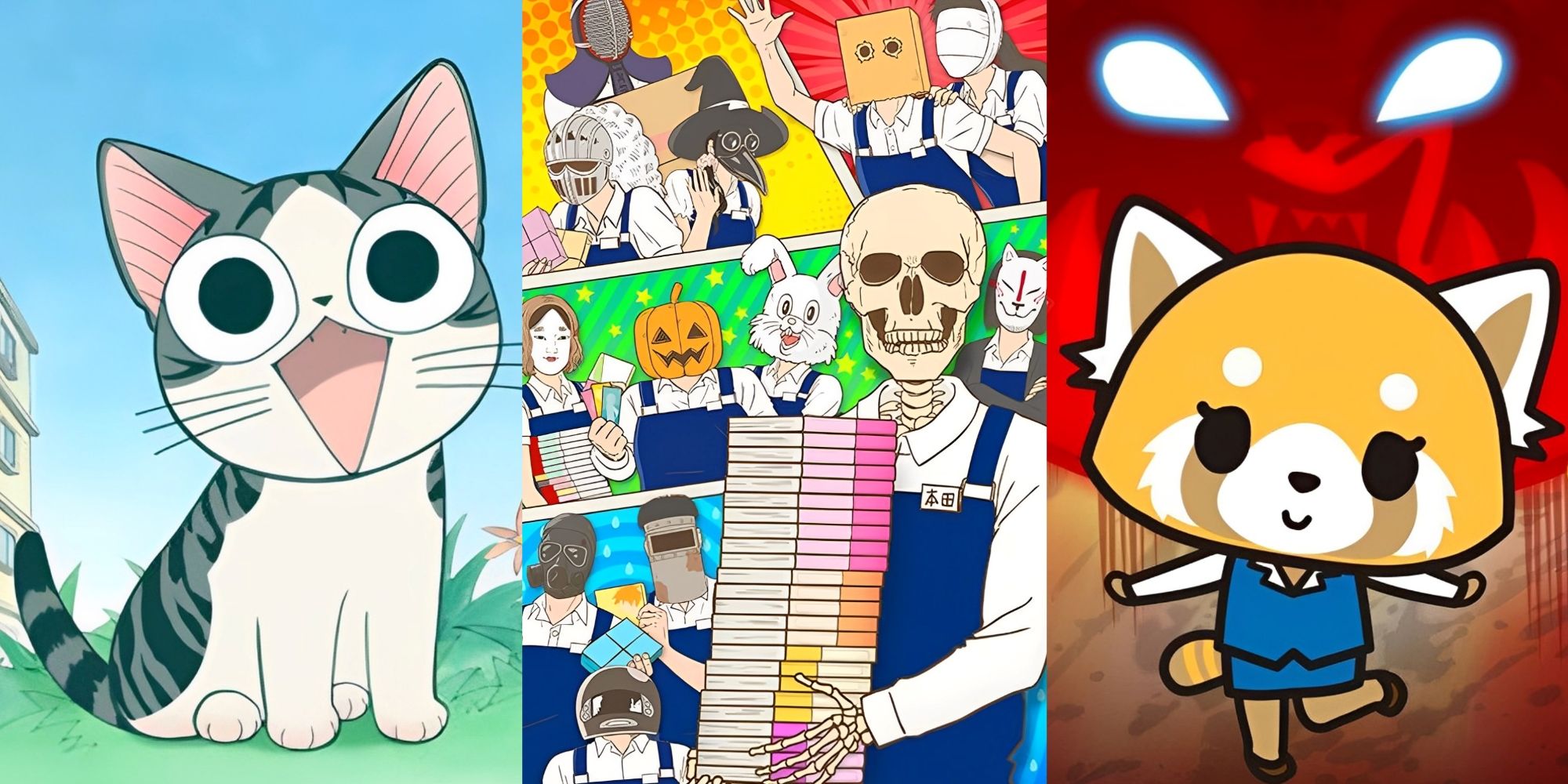 The main characters from Chi's Sweet Home, Skull-Faced Bookseller Honda-san, and Aggretsuko standing together