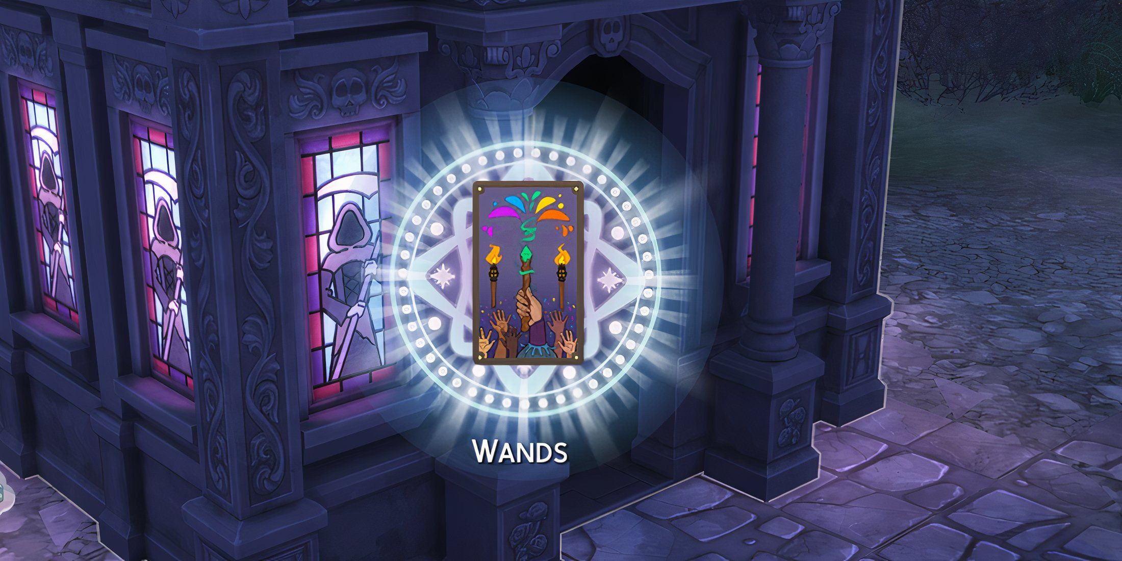 a wands tarot card outside of a crypt