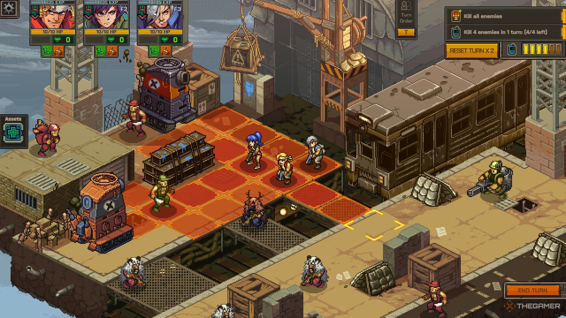 trevor leona and marco at the start of a mission in sirocco city in metal slug tactics.