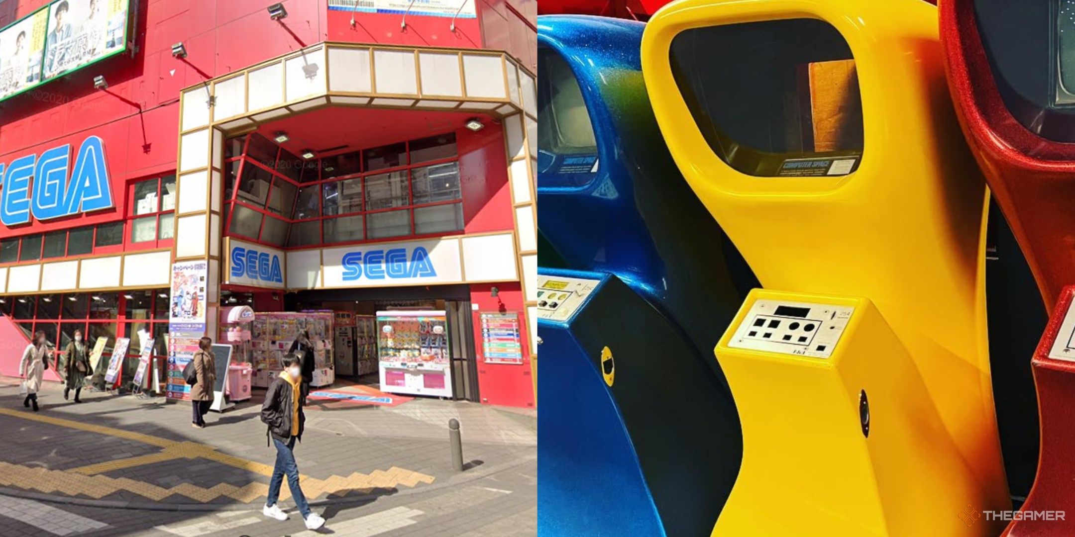 The old sega arcade of akihabara, and a series of arcade cabinets of computer space, left to right.