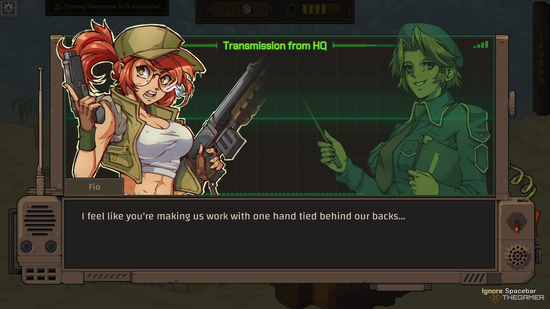 Fio expresses doubt about Margaret's strategy in Metal Slug Tactics.