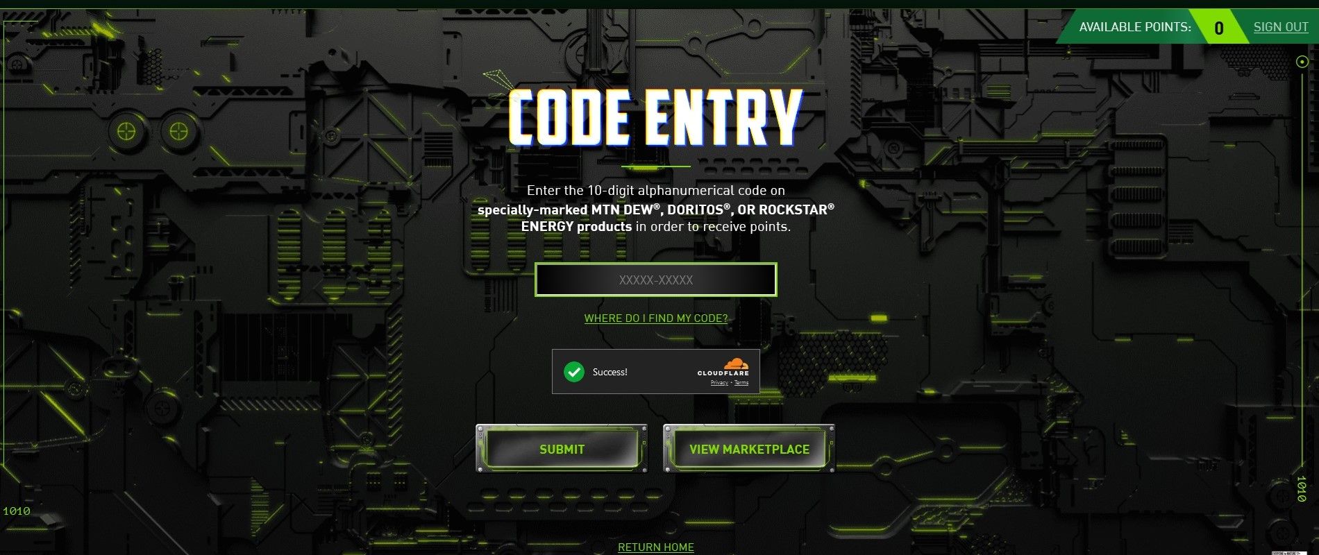 wow code redemption page for mountain dew rewards