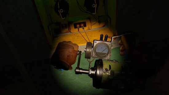 Metro Awakening review: first-person perspective of the player character charging up a generator using a ramshackle machine.