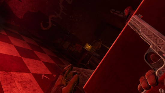 Metro Awakening review: first-person perspective of the player character hiding behind cover as the screen lights up red.