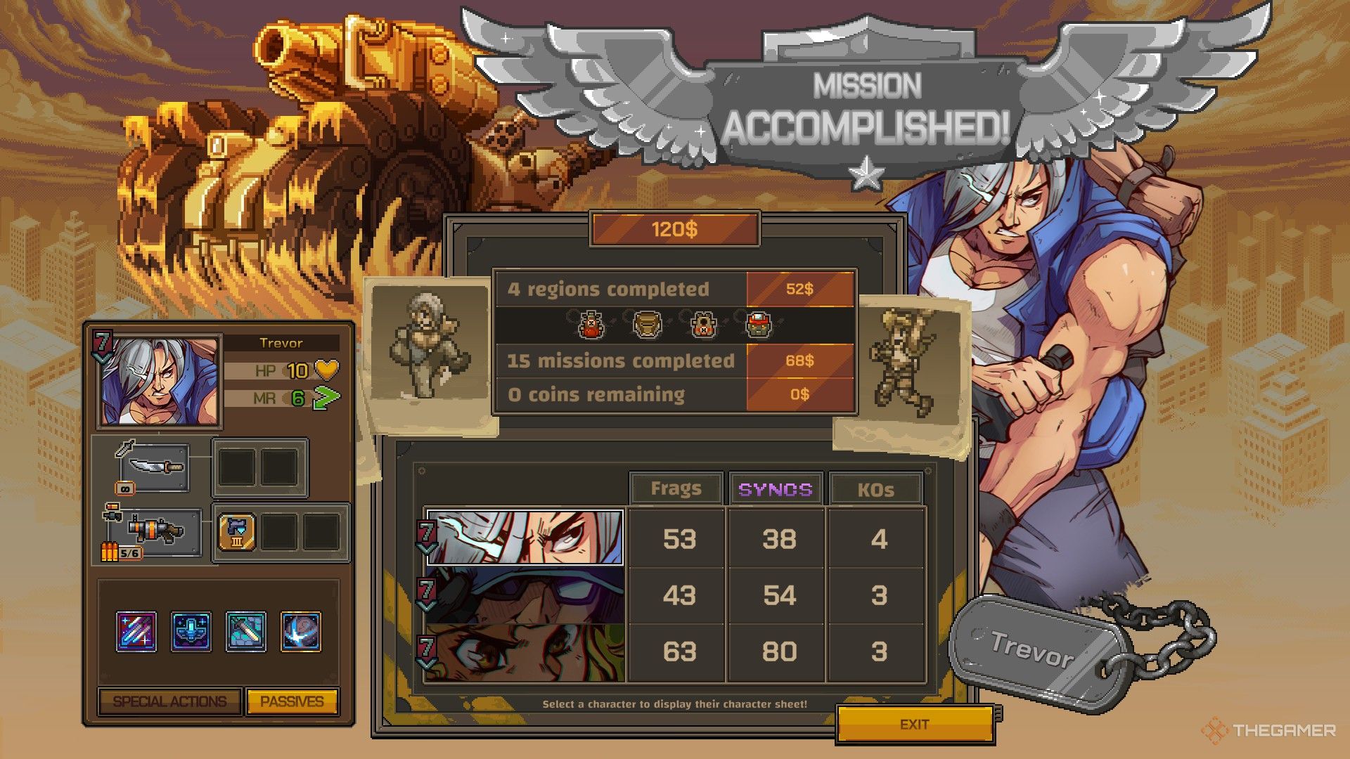 trevor on the mission accomplished victory screen in metal slug tactics.