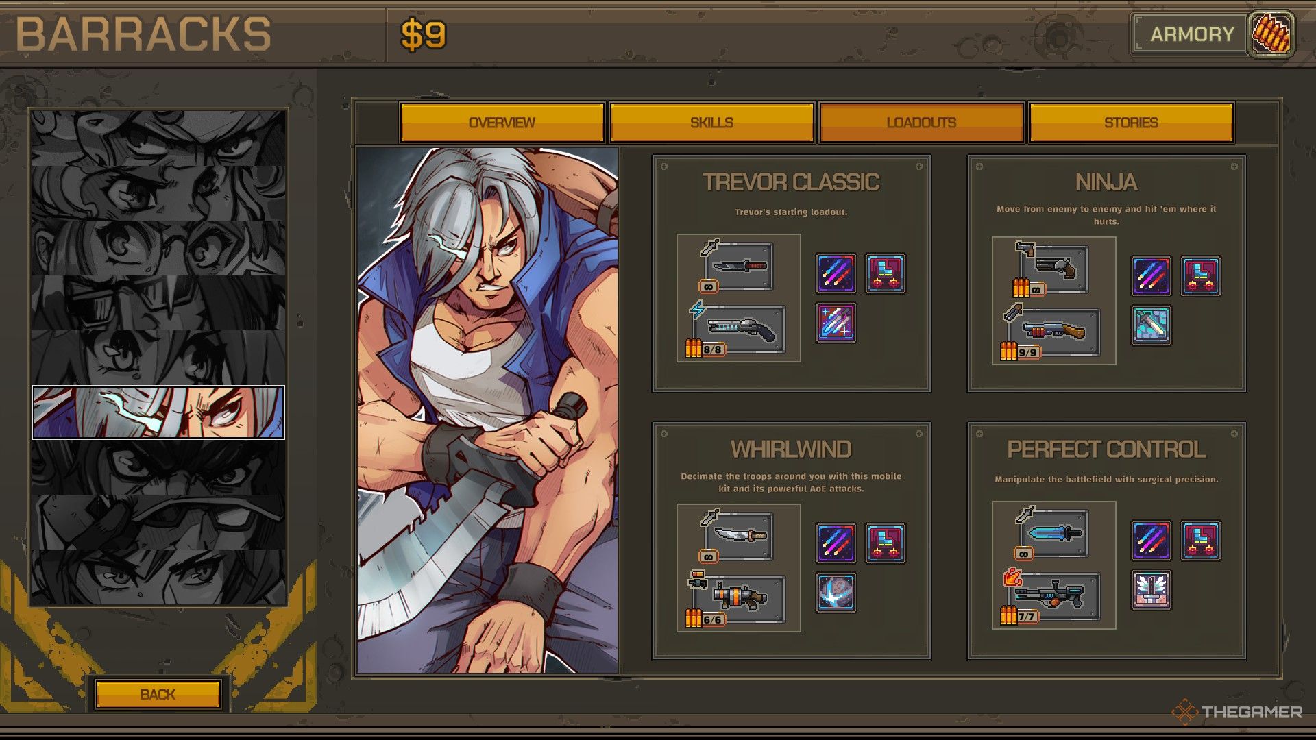 Trevor's loadout screen in Metal Slug Tactics.