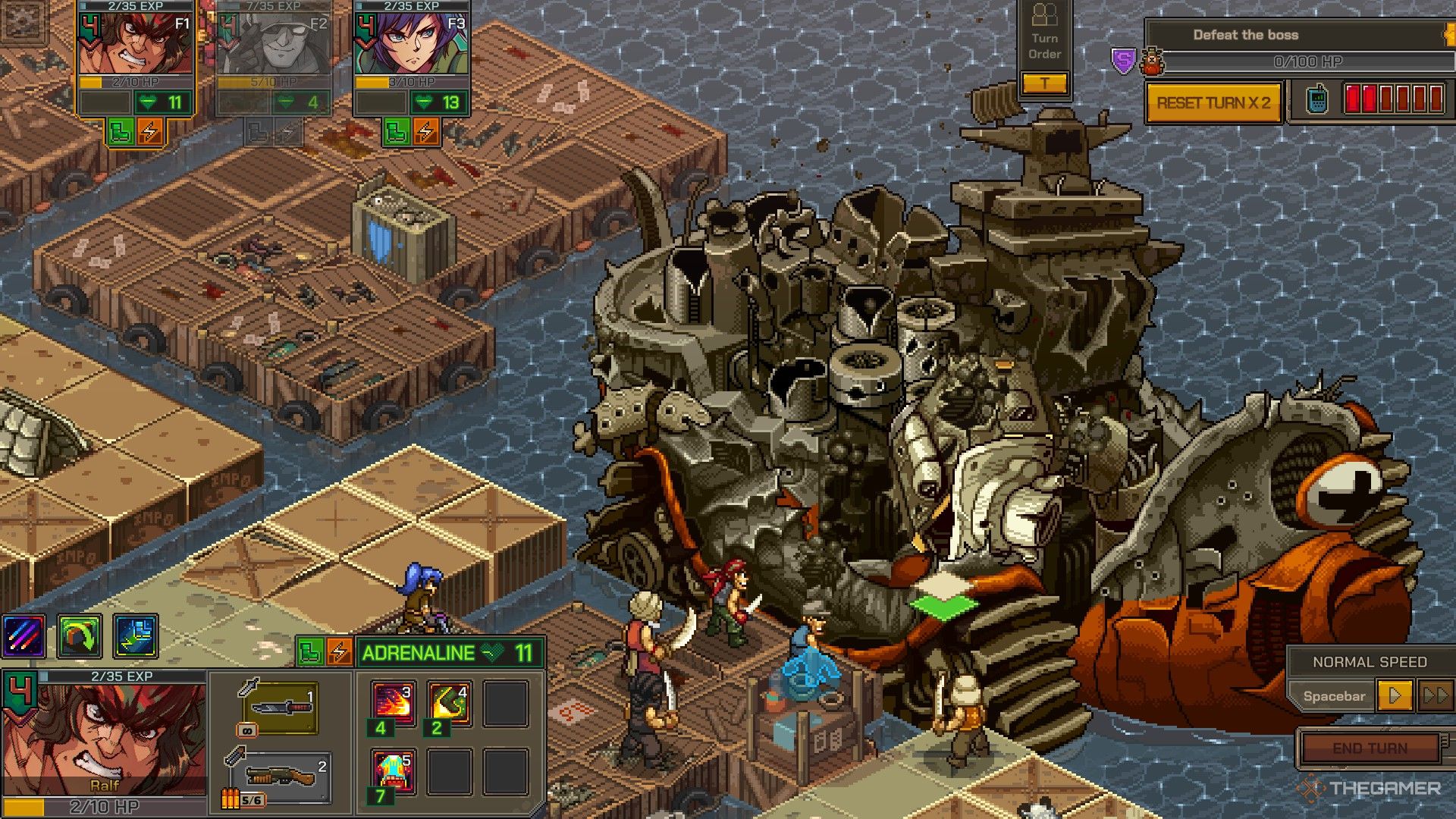 ralf deals the finishing blow to big shiee in metal slug tactics.