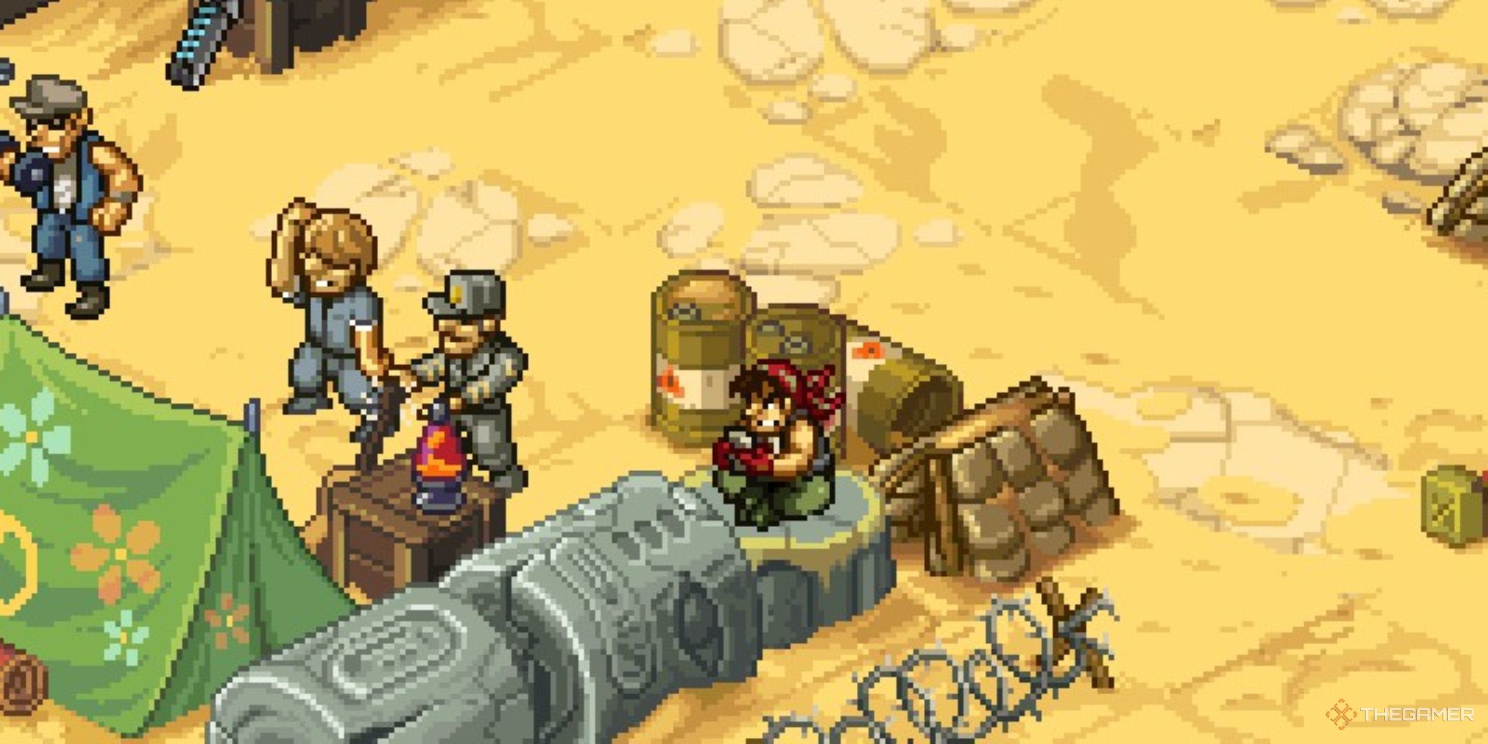 ralf plays video games on a handheld console in the desert base in metal slug tactics.